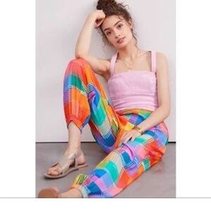 Farm Rio Anthropologie woven multi rainbow checkered plaid joggers